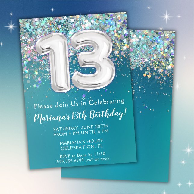 Invitation d'anniversaire 13 ans Paillettes Turquo (Créateur téléchargé)