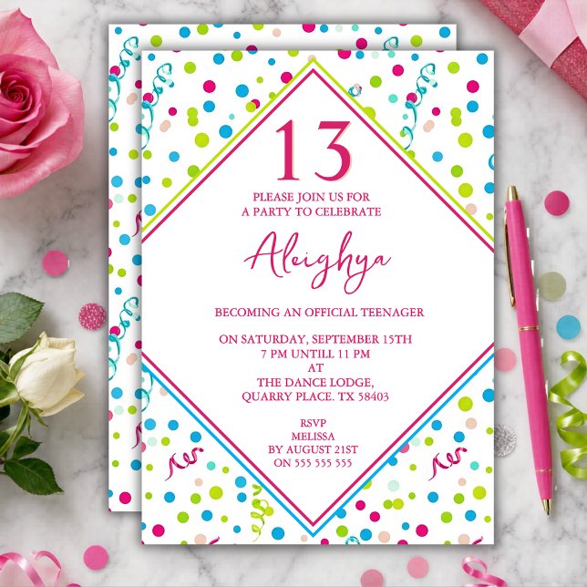 Invitation d'anniversaire 13 ans pour filles color (Créateur téléchargé)
