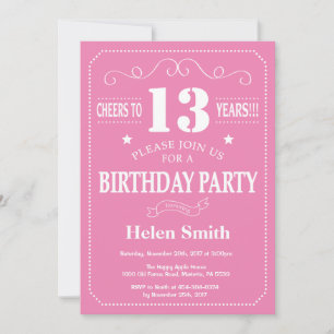 Invitation d'anniversaire 13 ans rose et blanc