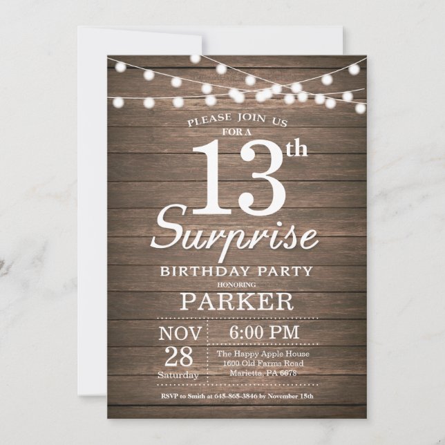 Invitation d'anniversaire 13 ans Rustique Surprise (Devant)