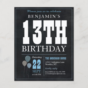 Invitation d'anniversaire 13 ans tableau noir bleu