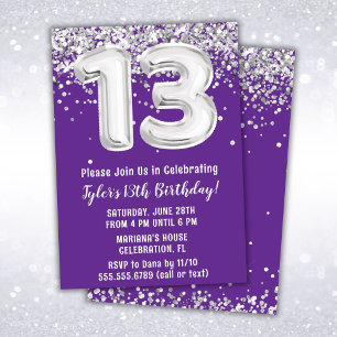 Invitation d'anniversaire 13 ans violet et argent