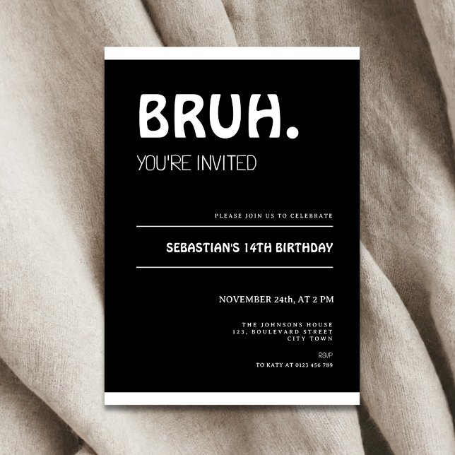 Invitation d'anniversaire 14 ans Ado Garçon Noir (Bruh 14th birthday invitation for boys)