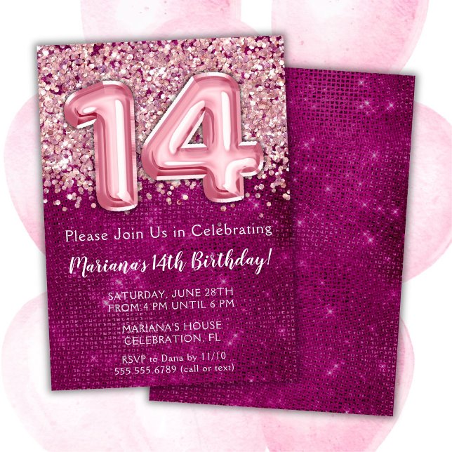 Invitation d'anniversaire 14 ans Fille Magenta Pai (Créateur téléchargé)