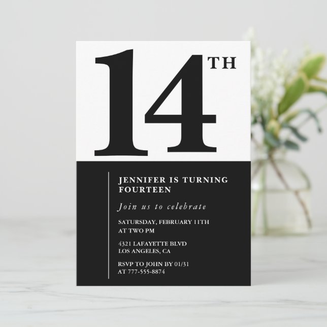 Invitation d'anniversaire 14 ans Fille Noir Blanc  (Debout devant)