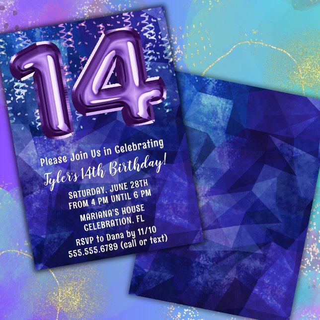 Invitation d'anniversaire 14 ans garçon bleu viole (Créateur téléchargé)