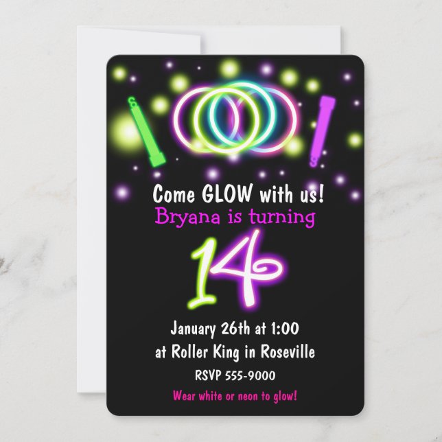 Invitation d'anniversaire 14 ans GLOW Lights (Devant)