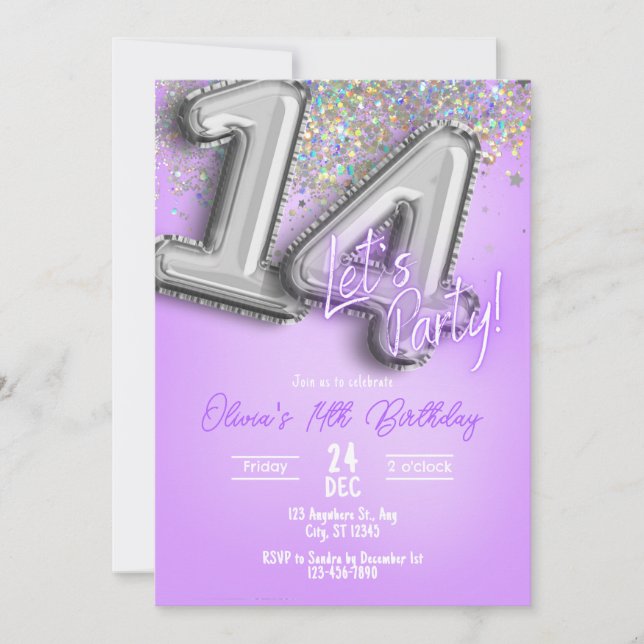 Invitation d'anniversaire 14 ans pailletée violett (Devant)