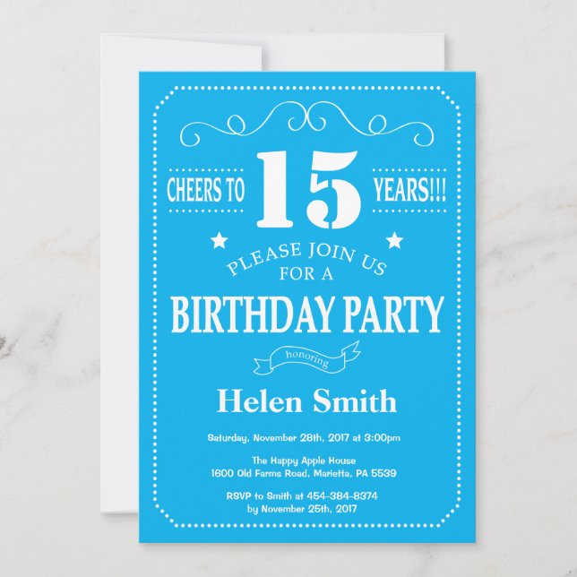 Invitation d'anniversaire 15 ans Bleu et Blanc (Devant)