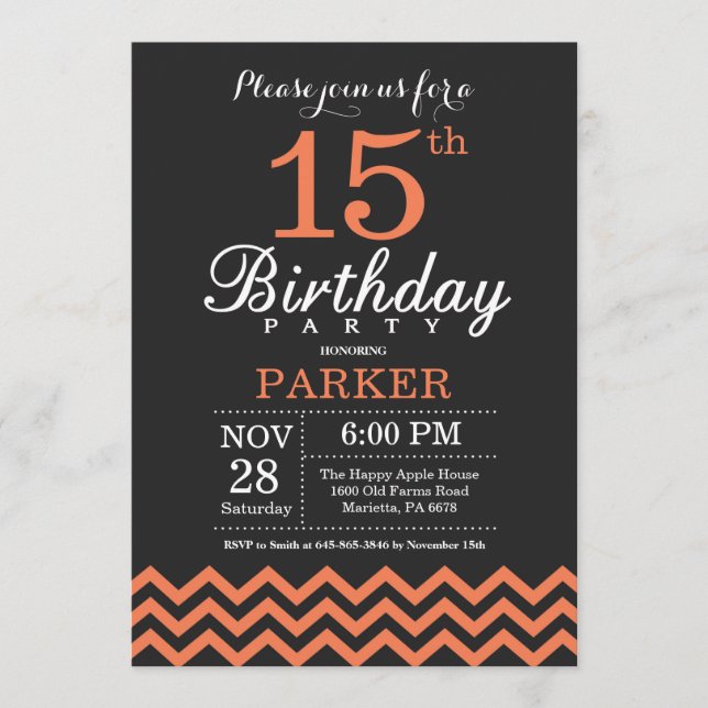 Invitation d'anniversaire 15 ans Chevron Noir et C (Devant)