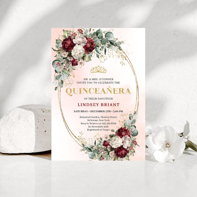 Invitation d'anniversaire 15 ans Chic Boho Marsala (Chic Boho Marsala Flowers 15th Birthday Invitation)