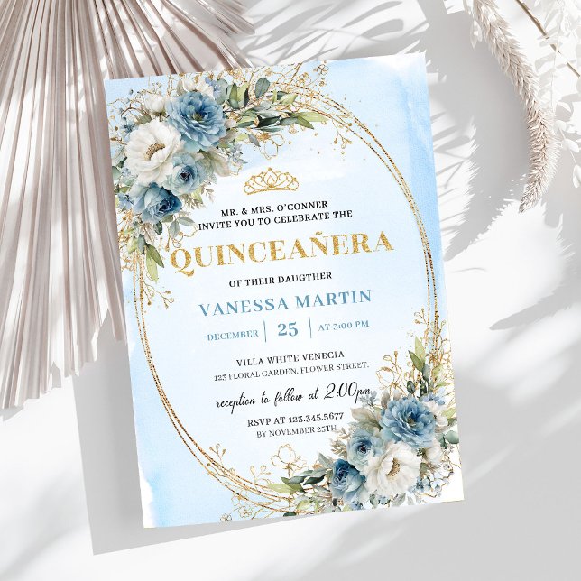 Invitation d'anniversaire 15 ans Chic Dusty Blue G (Chic Dusty Blue Gold Greenery 15th Birthday Invite)