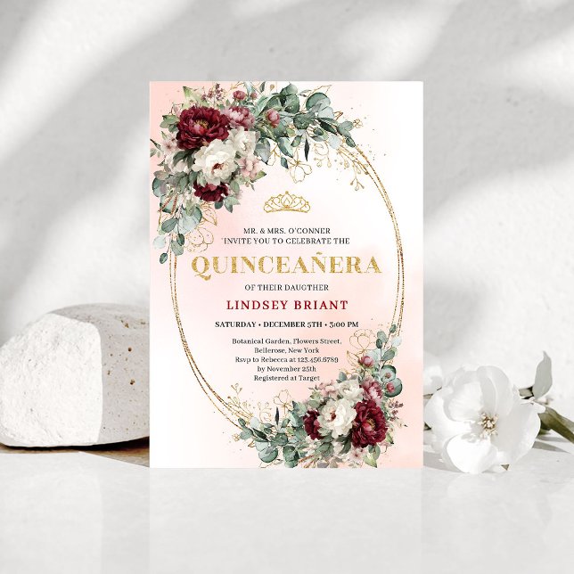 Invitation d'anniversaire 15 ans Chic Marsala Fleu (Chic Marsala Flowers Gold 15th Birthday Invitation)