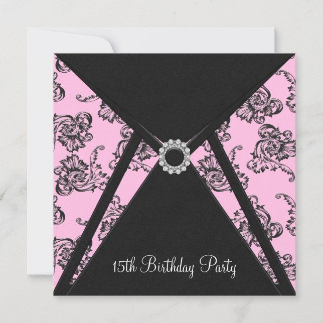 Invitation d'anniversaire 15 ans en damas rose (Devant)