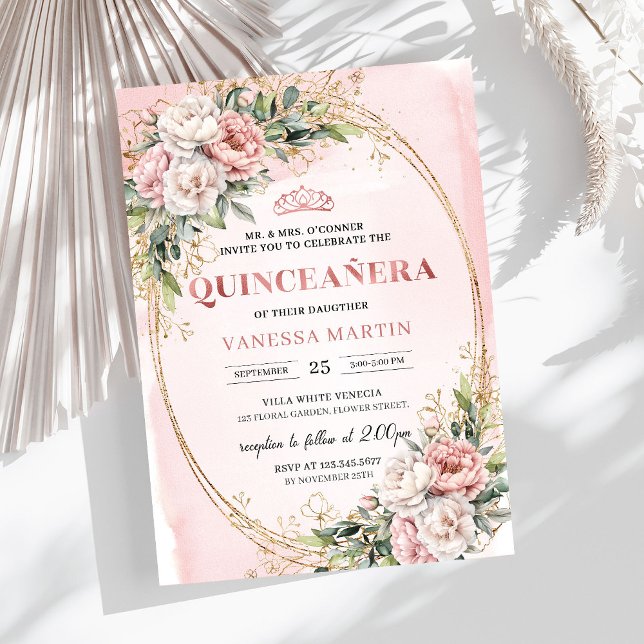 Invitation d'anniversaire 15 ans Fleurs roses past (Pastel Pink Flowers Greenery 15th Birthday Invite Design

)