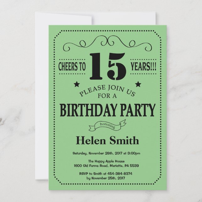 Invitation d'anniversaire 15 ans Noir et Vert (Devant)