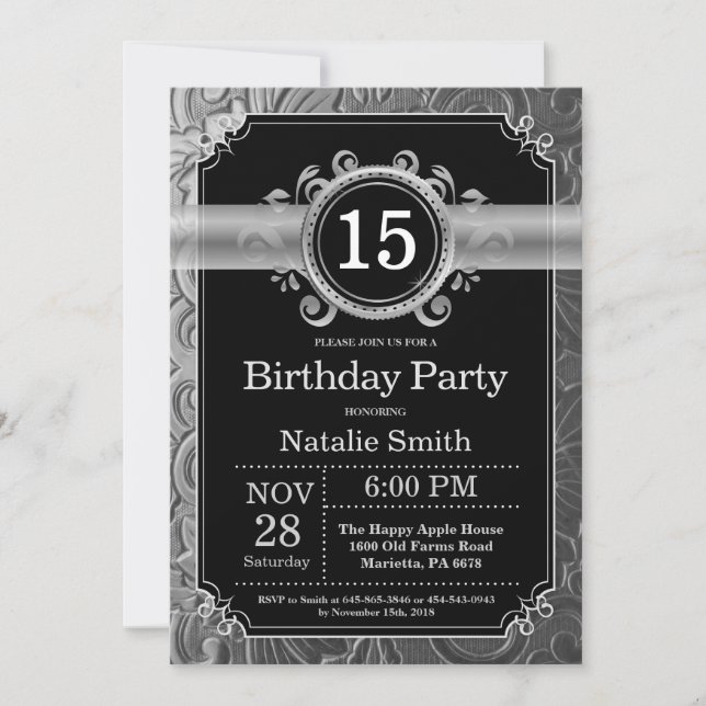 Invitation d'anniversaire 15 ans paillettes noires (Devant)