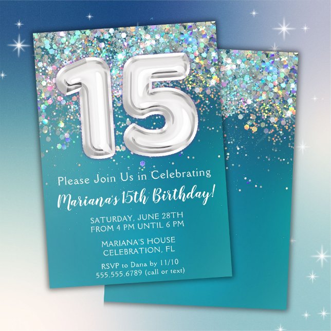 Invitation d'anniversaire 15 ans Paillettes Turquo (Créateur téléchargé)