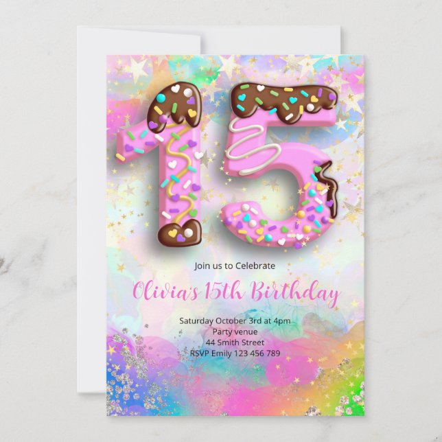 Invitation d'anniversaire 15 ans pour filles Donut (Devant)