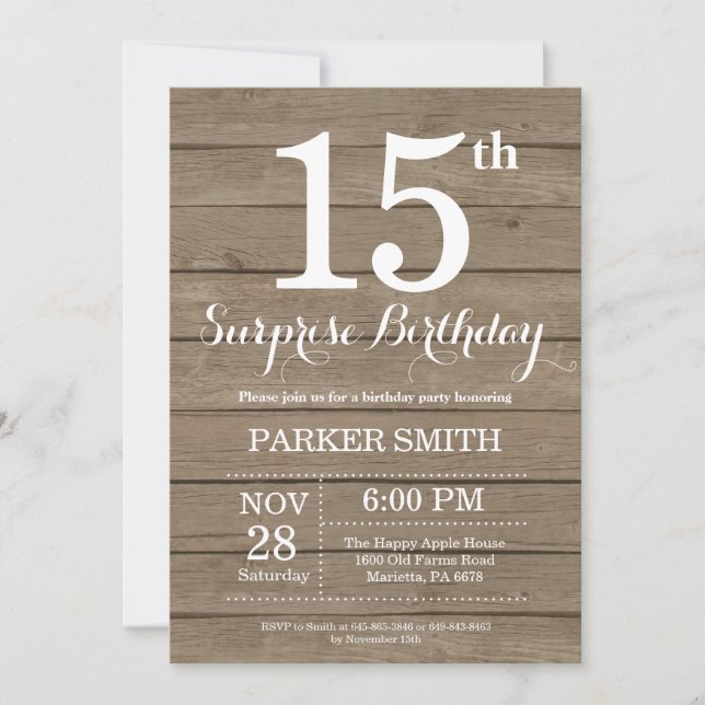 Invitation d'anniversaire 15 ans Rustic Surprise (Devant)