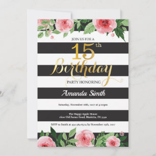 Invitation d'anniversaire 15 ans Teen. Floral Or N