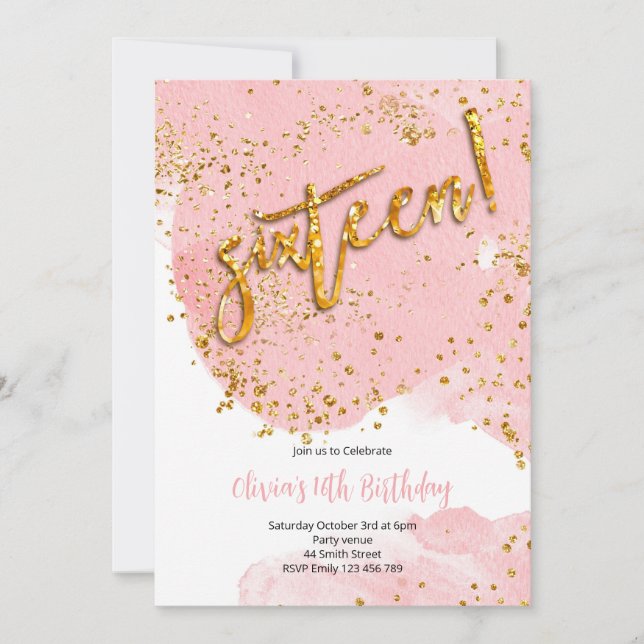 Invitation d'anniversaire 16 ans aquarelle rose et (Devant)