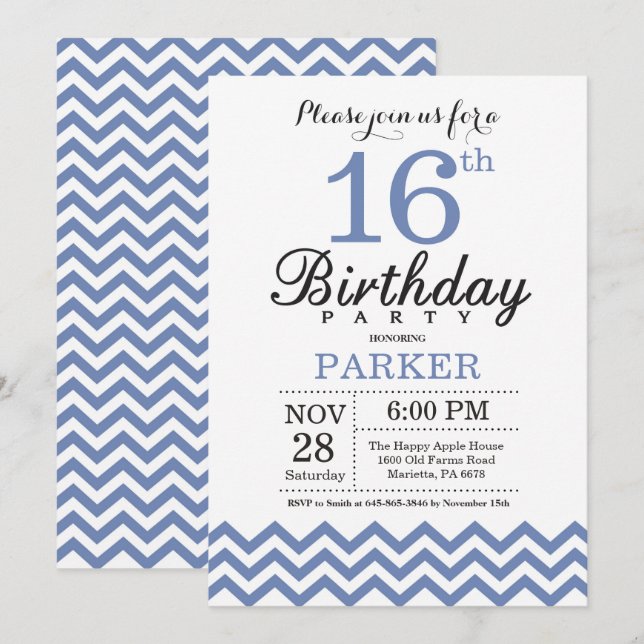 Invitation d'anniversaire 16 ans Bleu Chevron (Devant / Derrière)