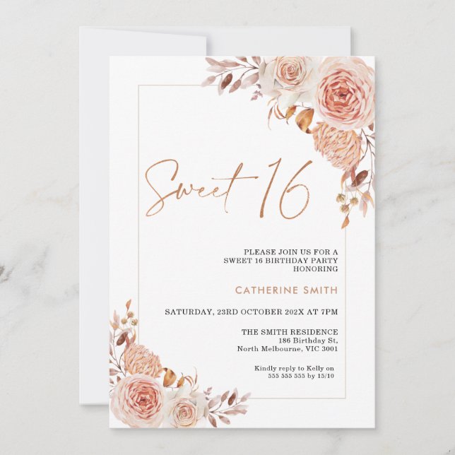 Invitation d'anniversaire 16 ans Boho Floral coule (Devant)