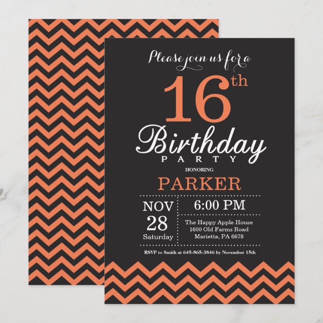 Invitation d'anniversaire 16 ans Chevron noir et c (Devant / Derrière)