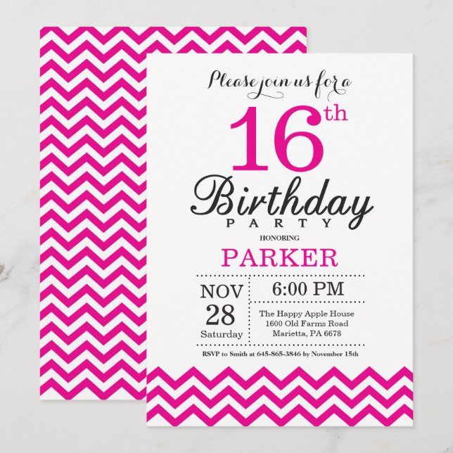 Invitation d'anniversaire 16 ans Chevron Rose Chau (Devant / Derrière)