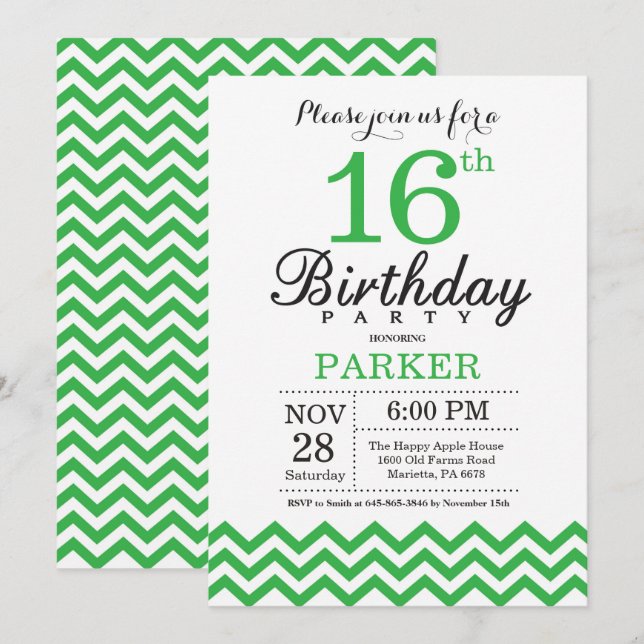 Invitation d'anniversaire 16 ans Chevron Vert (Devant / Derrière)