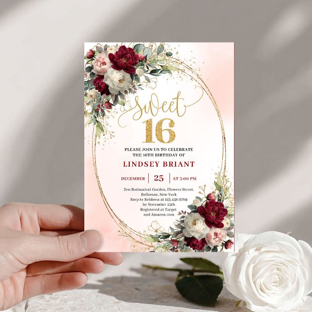 Invitation d'anniversaire 16 ans Chic Boho Marsala (Chic Boho Marsala Gold Floral 16th Birthday Invitation)