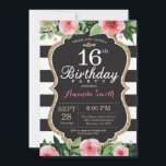 Invitation d'anniversaire 16 ans Femme. Floral Or<br><div class="desc">Invitation d'anniversaire 16 ans pour fille adolescente. Invitation de fête d'anniversaire noir et or. Paillettes dorées. Fleur florale aquarelle rose. Rayures noires et blanches. Tableau noir. Numérique imprimable. Pour une personnalisation plus poussée,  veuillez cliquer sur le bouton "Personnaliser" et utiliser notre outil de conception pour modifier ce modèle.</div>