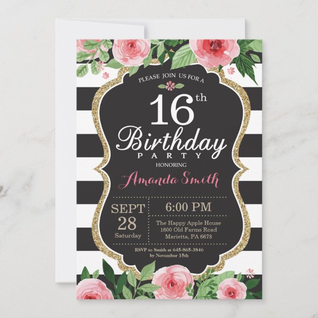 Invitation d'anniversaire 16 ans Femme. Floral Or  (Devant)