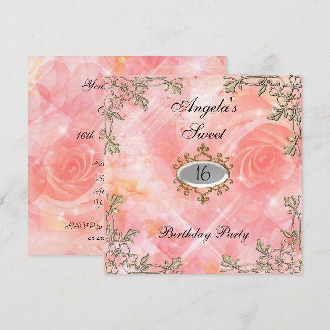 Invitation d'anniversaire 16 ans Fleurs roses (Devant / Derrière)