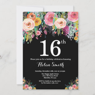 Invitation d'anniversaire 16 ans florale