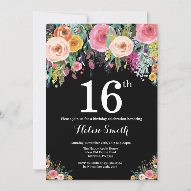 Invitation d'anniversaire 16 ans florale (Devant)