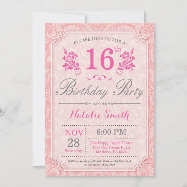 Invitation d'anniversaire 16 ans Florale Rose pour (Devant)