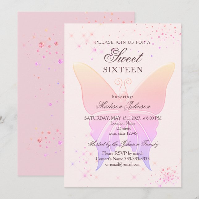 Invitation d'anniversaire 16 ans Glitter Rose (Devant / Derrière)