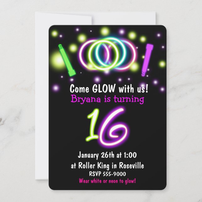 Invitation d'anniversaire 16 ans GLOW Lights (Devant)