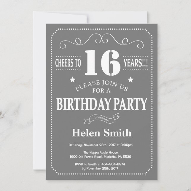 Invitation d'anniversaire 16 ans gris et blanc (Devant)