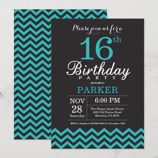 Invitation d'anniversaire 16 ans Noir et sarcelle (Devant / Derrière)
