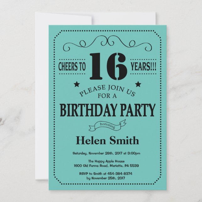 Invitation d'anniversaire 16 ans Noir et sarcelle (Devant)