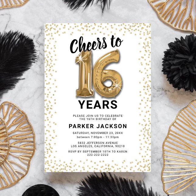 Invitation d'anniversaire 16 ans or Cheers (Créateur téléchargé)
