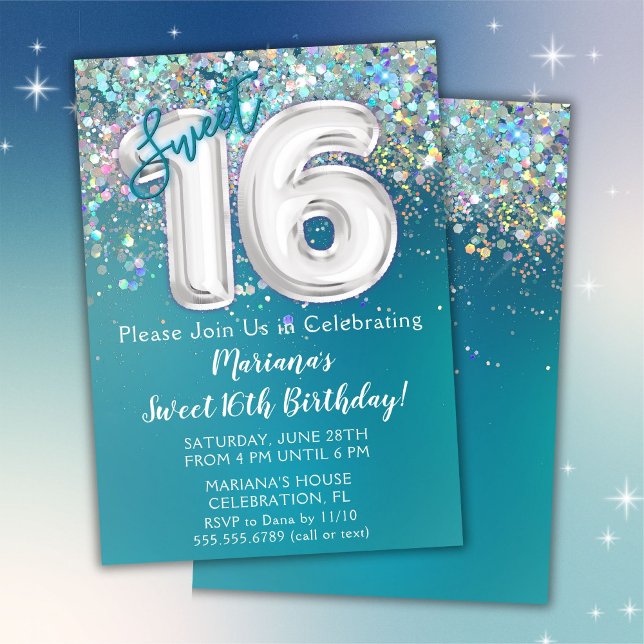 Invitation d'anniversaire 16 ans Paillettes Turquo (Créateur téléchargé)