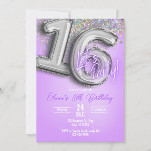 Invitation d'anniversaire 16 ans Paillettes Violet