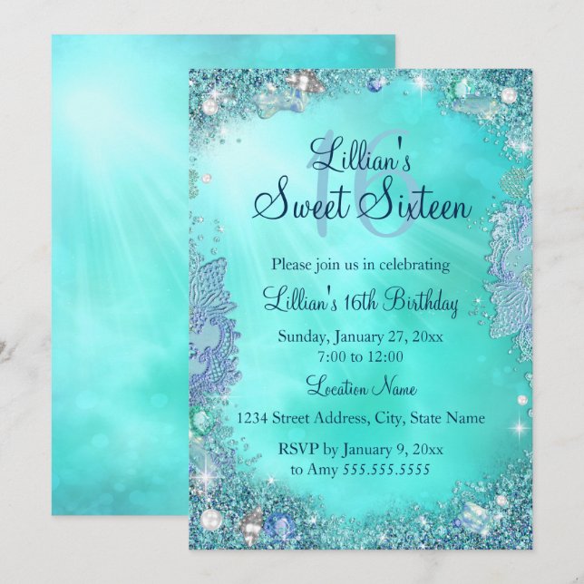 Invitation d'anniversaire 16 ans Pretty Teal Ocean (Devant / Derrière)