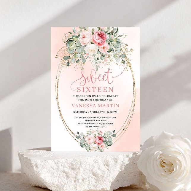 Invitation d'anniversaire 16 ans Princesse Rose Bl (Princess Blush Rose Gold Sweet 16 Birthday Invite)