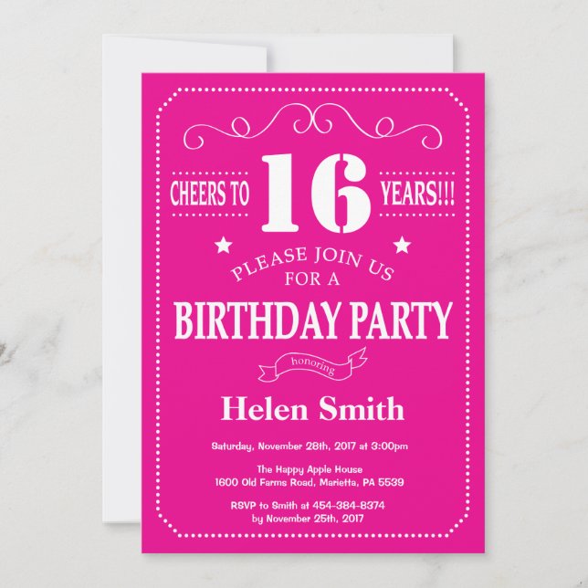 Invitation d'anniversaire 16 ans rose chaud et bla (Devant)