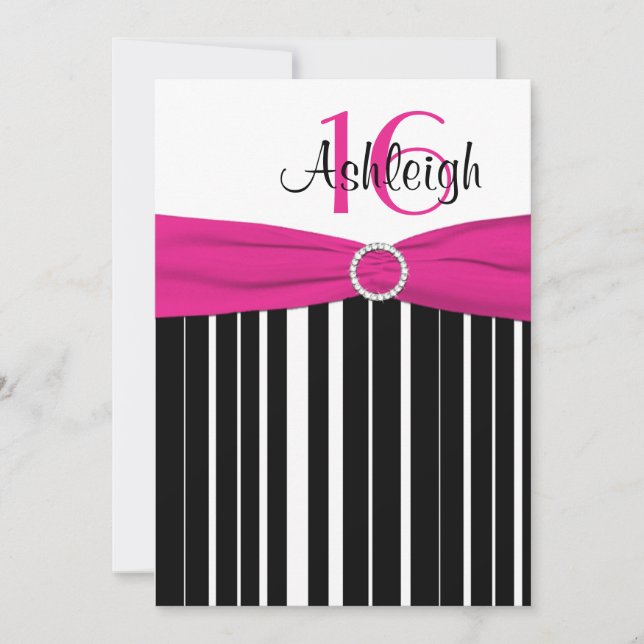 Invitation d'anniversaire 16 ans rose chaud, noir  (Devant)